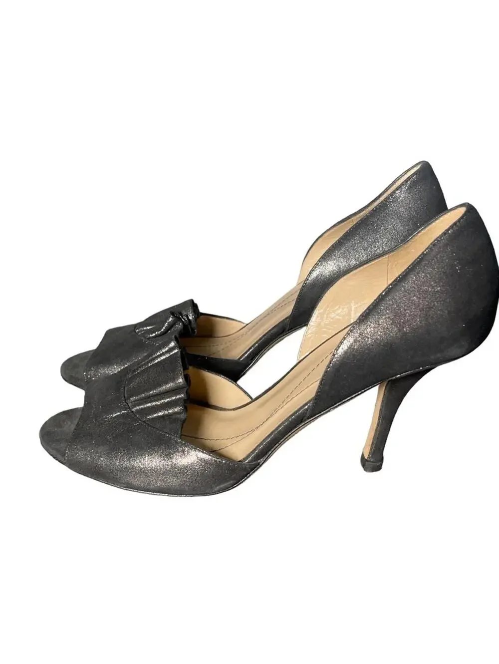 KATE SPADE NEW YORK Chrisette Pewter Liquid Suede Ruffle Peep Toe Pump Heel 6B